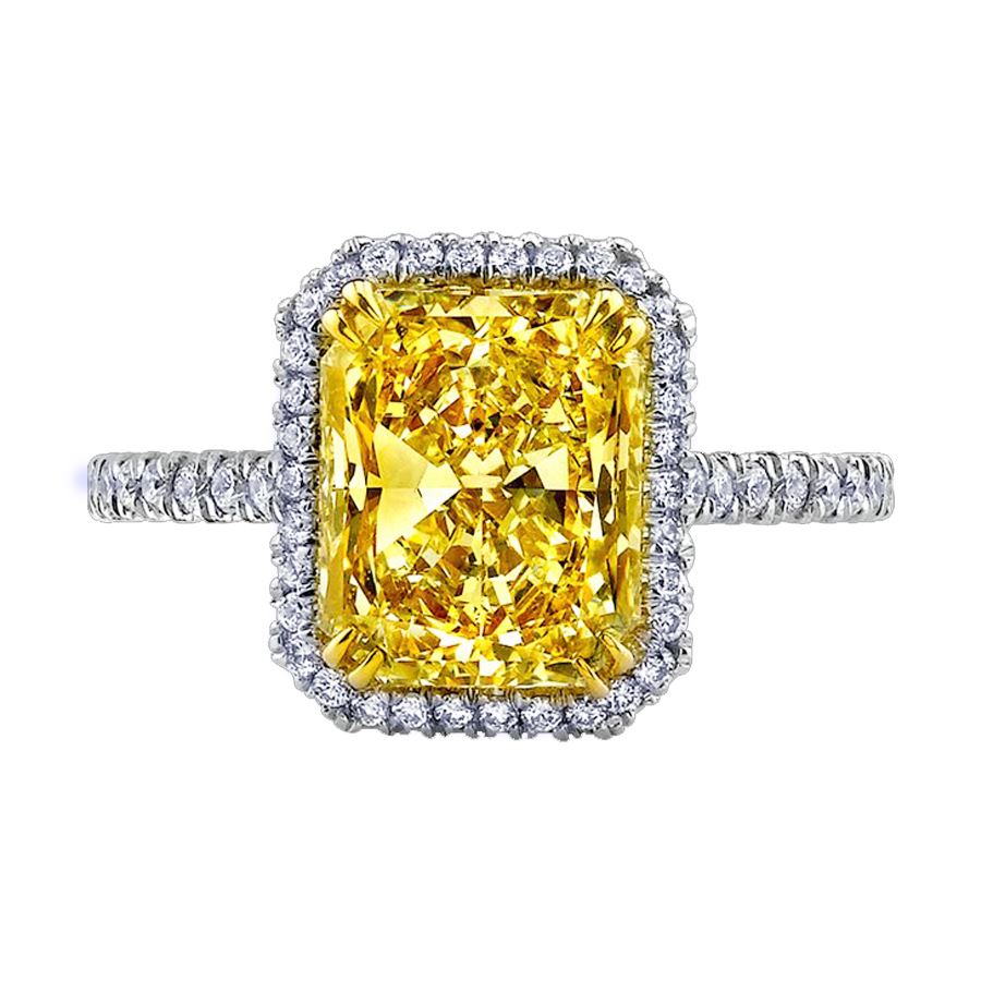 CARAT FANCY YELLOW RADIANT CUT DIAMOND HALO ENGAGEMENT RING