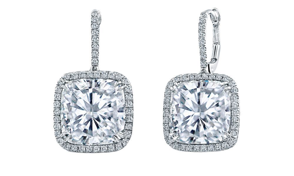 Radiant Cut Diamond Halo Pave' Set Drop Earrings In White Gold